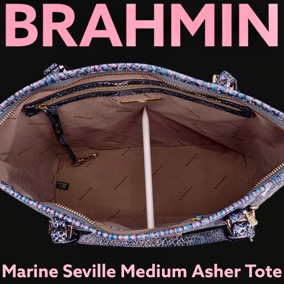 BRAHMIN MARINE SEVILLE BLUE PINK MEDIUM ASHER TOTE - Picture 4 of 10